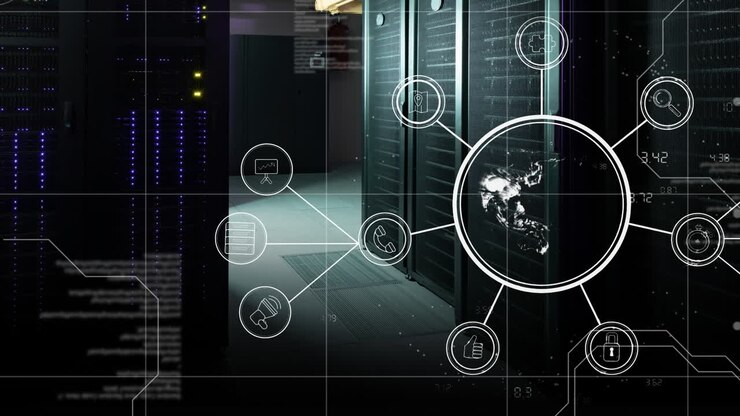 Animation af databehandling og globus med ikoner over serverrum