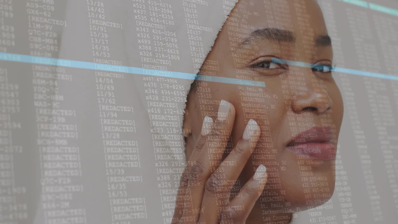 Touching face and smiling, woman over data processing animation with redacted text