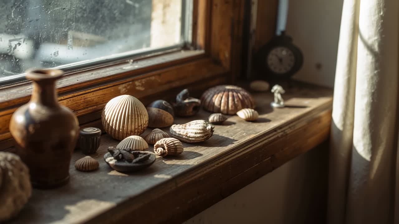 Pulling focus and panning camera revealing shells, clock on wood sill at home, showing warm texture