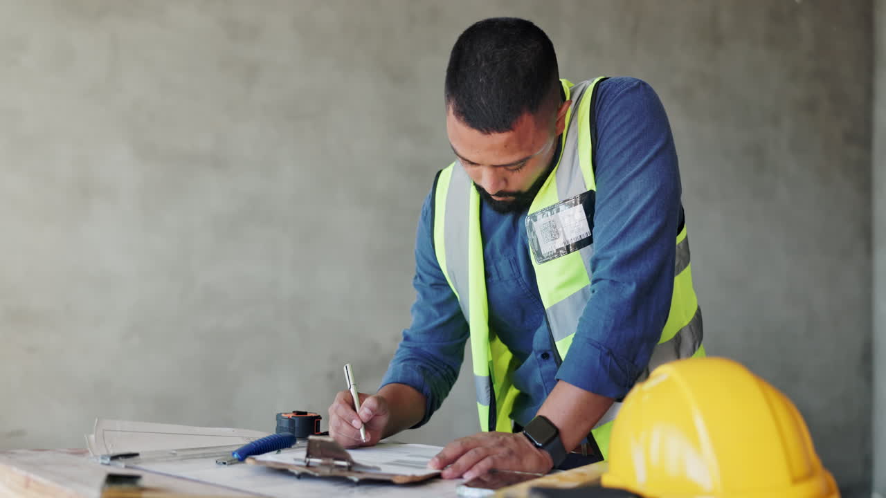 trabajador de la construcción revisando planos en un sitio de construcción