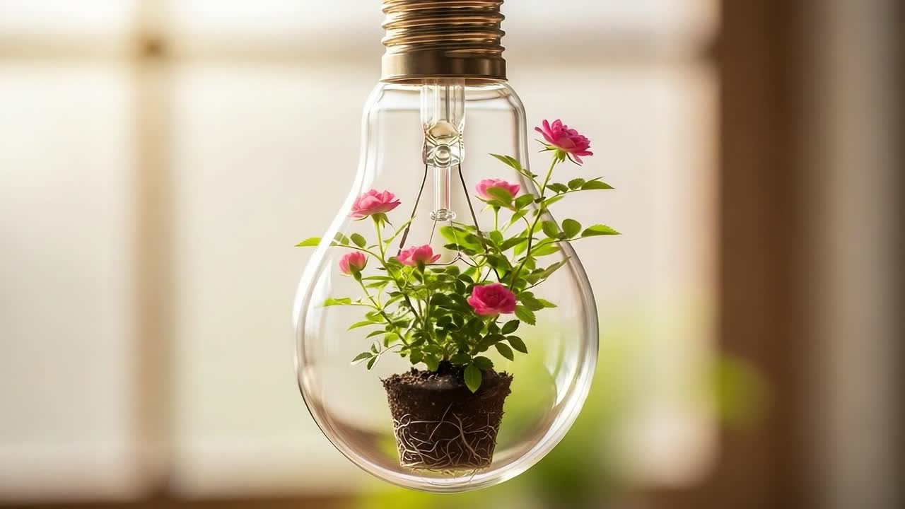 A Creative Representation of Growth and Illumination Featuring a Beautiful Plant Inside a Glass Light Bulb with Vibrant Pink Flowers Against a Soft Background