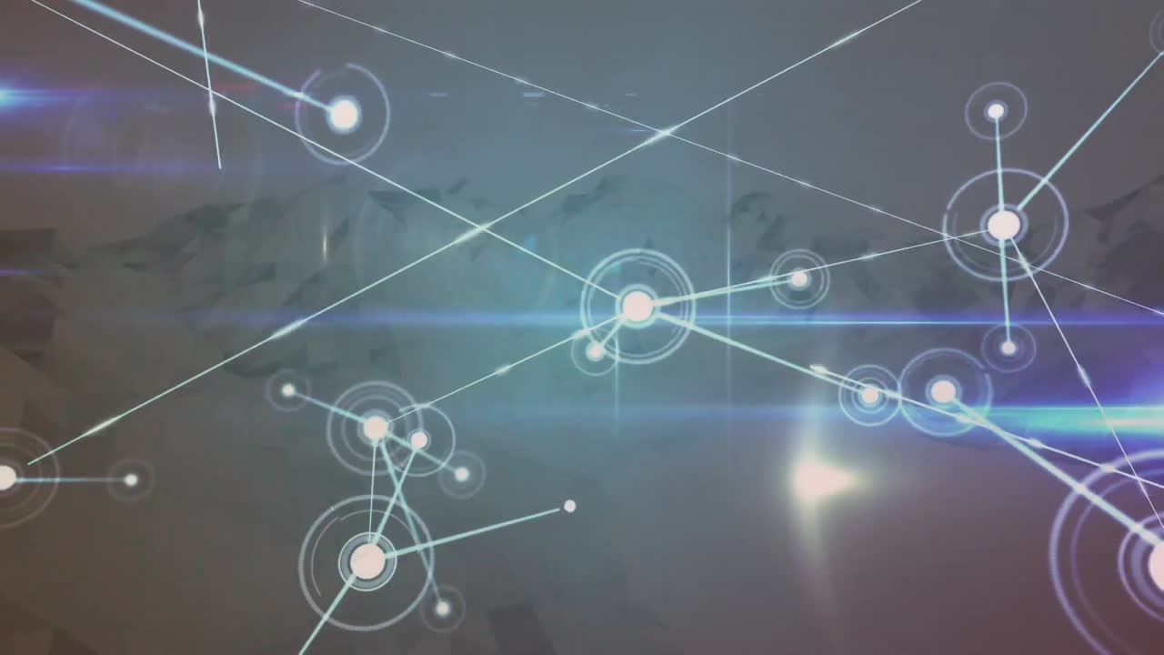 animación de redes de conexiones con puntos brillantes sobre montañas giratorias