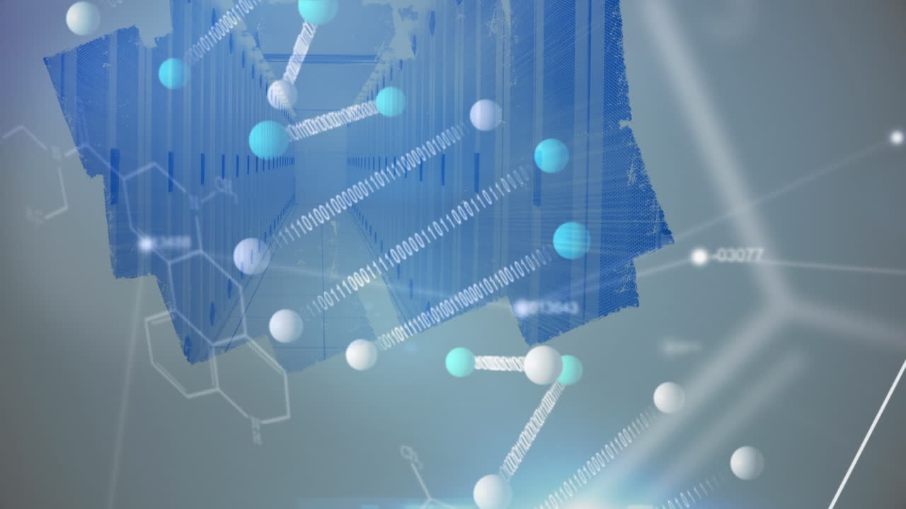 배경에서 조명과 서버를 통해 dna와 다양한 데이터의 애니메이션