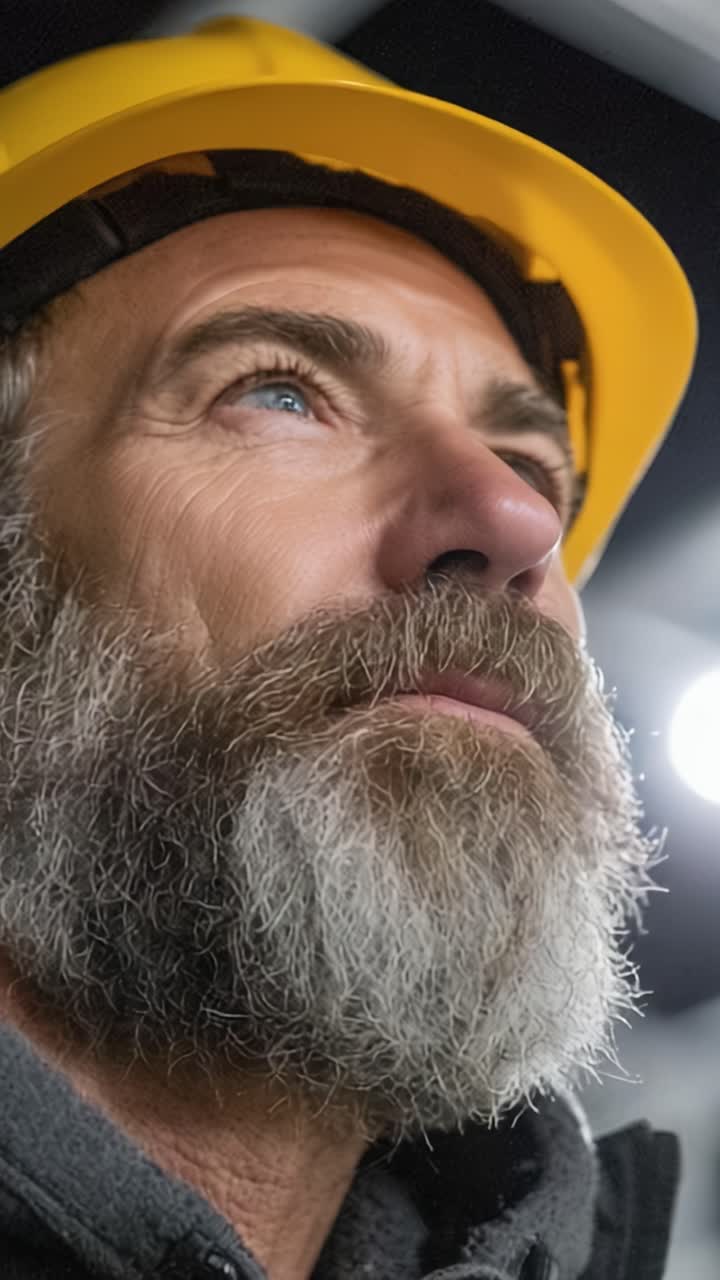 Focused Construction Worker in Hard Hat Staring Off into the Distance Under Industrial Lighting with a Determined Expression and a Well-Groomed Beard