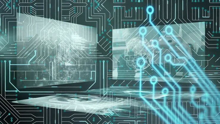 Animation of digital screens with data, connections and integrated circuit