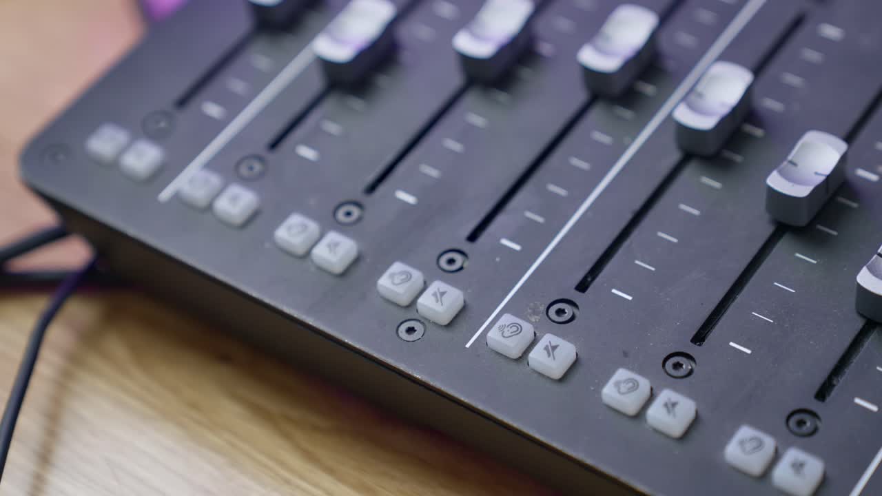 primer plano de una consola de mezcla de audio con deslizadores y botones iluminados, mostrando controles detallados y colores vibrantes. perfecto para diseño de sonido, producción musical y flujos de trabajo de estudio. dj. podcast