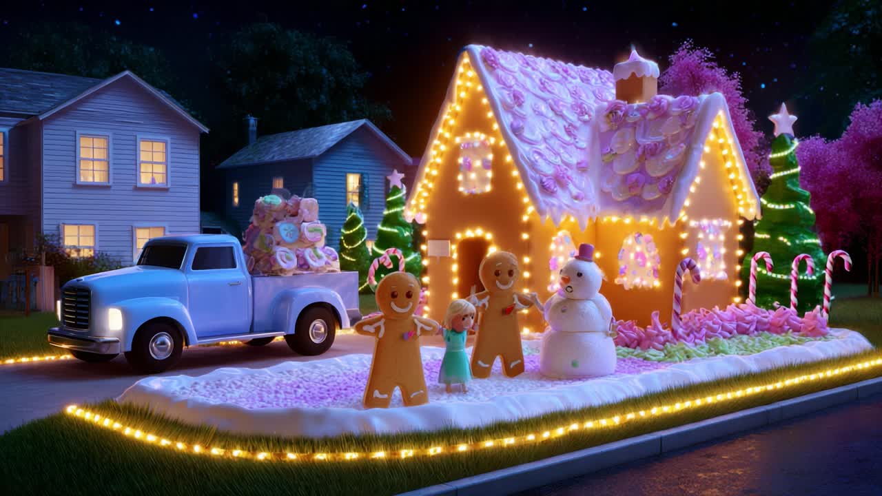 A Magical Winter Wonderland Scene Featuring a Whimsical Gingerbread House, Adorned with Colorful Decorations and Surrounded by Festive Characters, Perfect for the Holiday Season and Family Gatherings