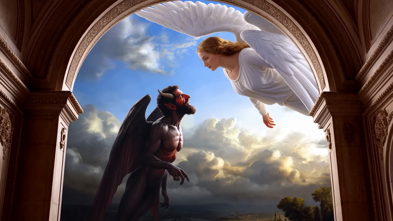 Caucasian Angel Hovering Over Dark Demon Amid Carved Stone Archway, White Wings Spread And Outstretched Hand,