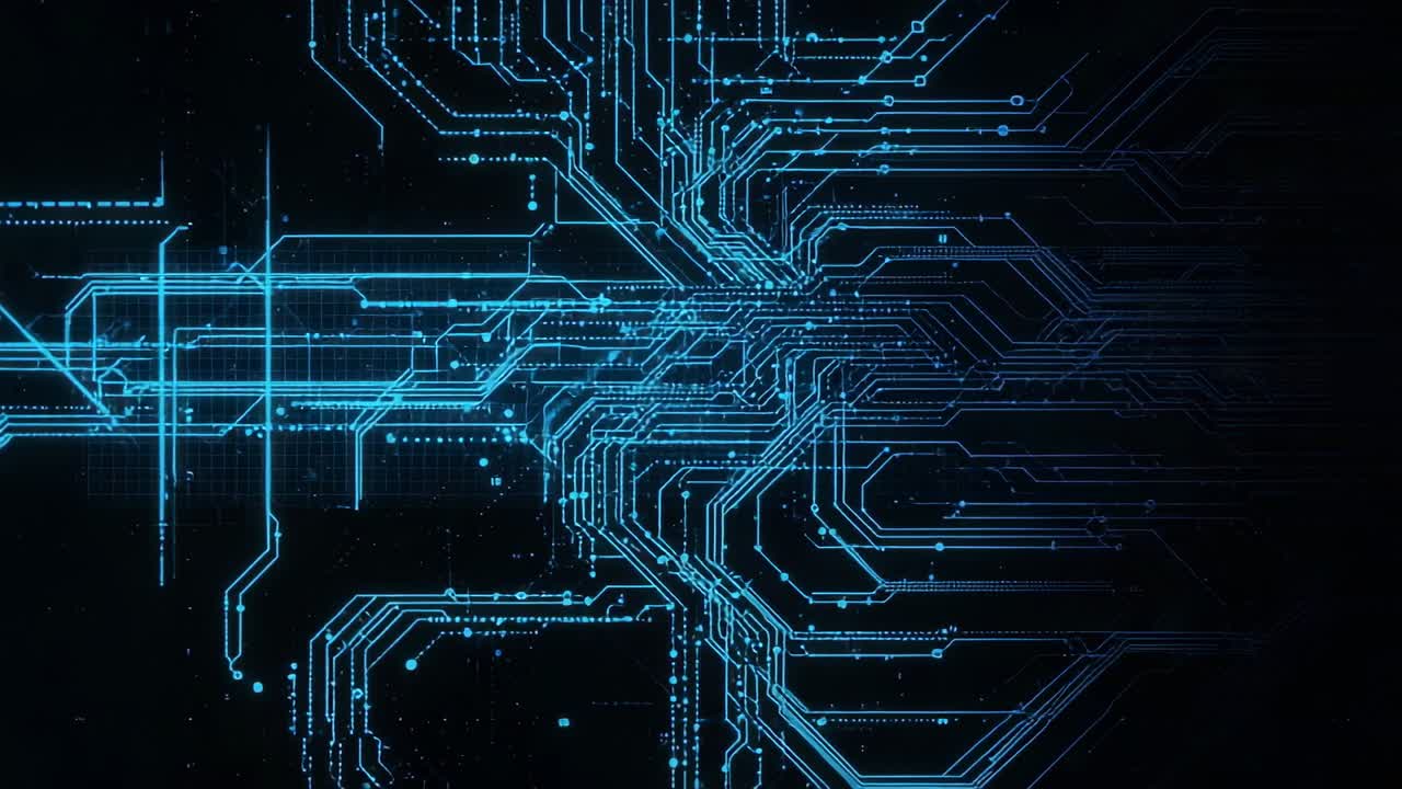 Emerging circuit network from black frame extending over dark interface, pulsing nodes, copy space