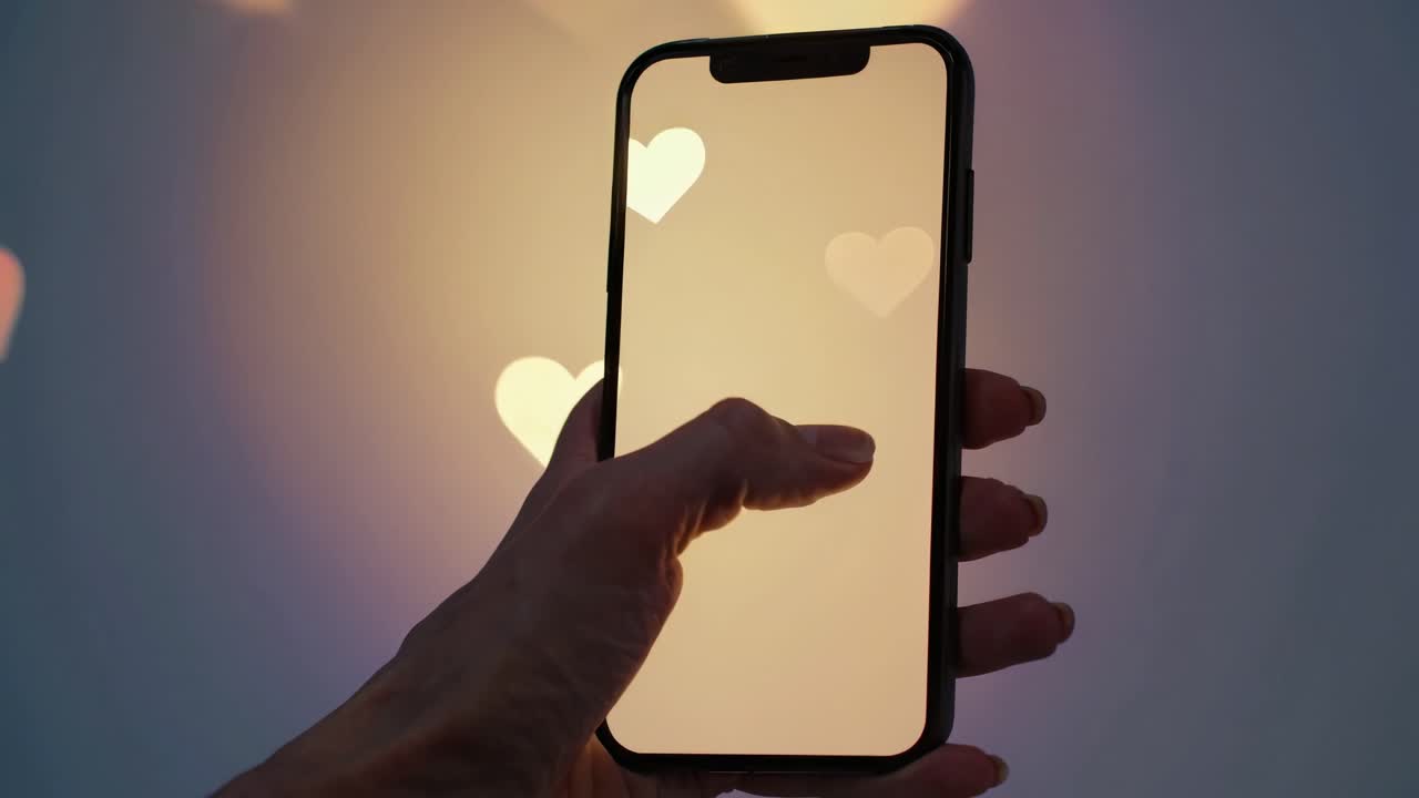 persona que utiliza un teléfono inteligente con iconos de corazón en la pantalla