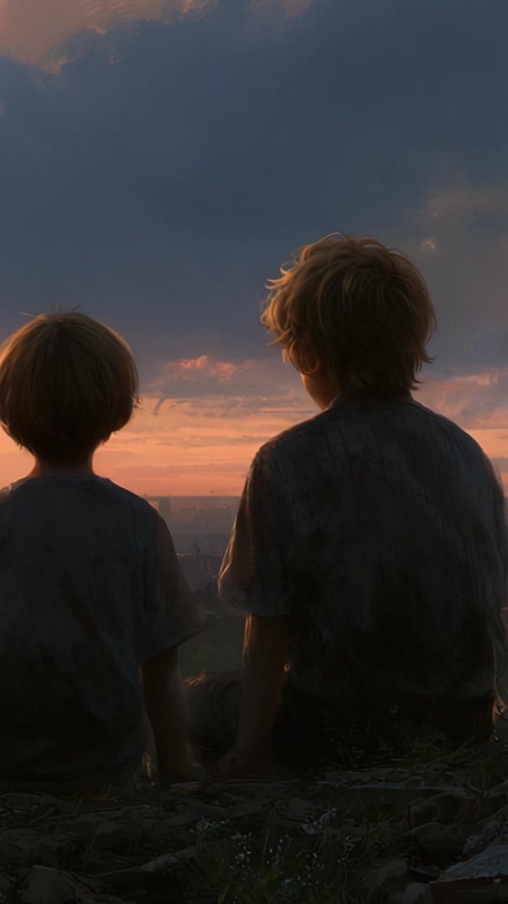 Due Ragazzi che Osservano un Tramonto Colorato, Persi nei Pensieri Mentre il Giorno Volge al Termine, Incapsulando la Bellezza e la Meraviglia dell'Infanzia nell'Abbraccio della Natura