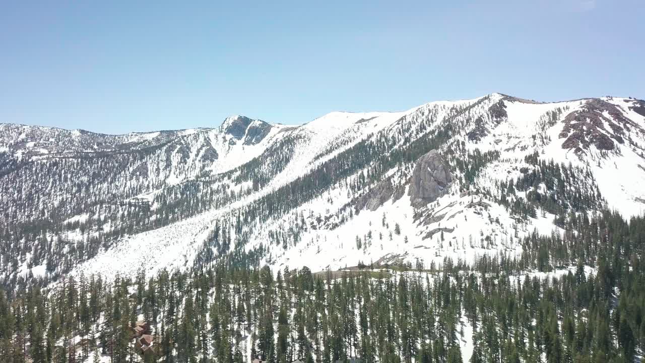 High and wide left to right panorama of tall snow-capped mountain peaks and a vast valley below