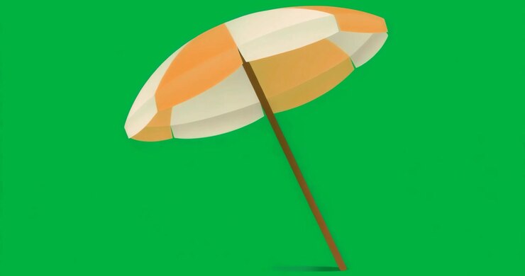 Ombrellone da spiaggia che si inclina su sfondo trasparente, ispirando il design di marketing per viaggi estivi.