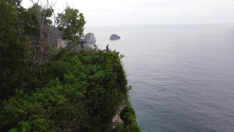aerial, persona turística de pie en la plataforma de mirador en una posición peligrosa sobre el acantilado del cabo empinado en medio de la selva tropical exuberante con vistas al espectacular paisaje de la costa escarpada en la isla de nusa penida, bali