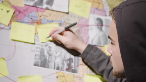 bearded caucasian man in hood making notes on paper stickers stuck to investigation map