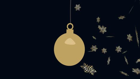 Animation-of-christmas-bauble-dangling-with-snowflakes-falling-on-black-background