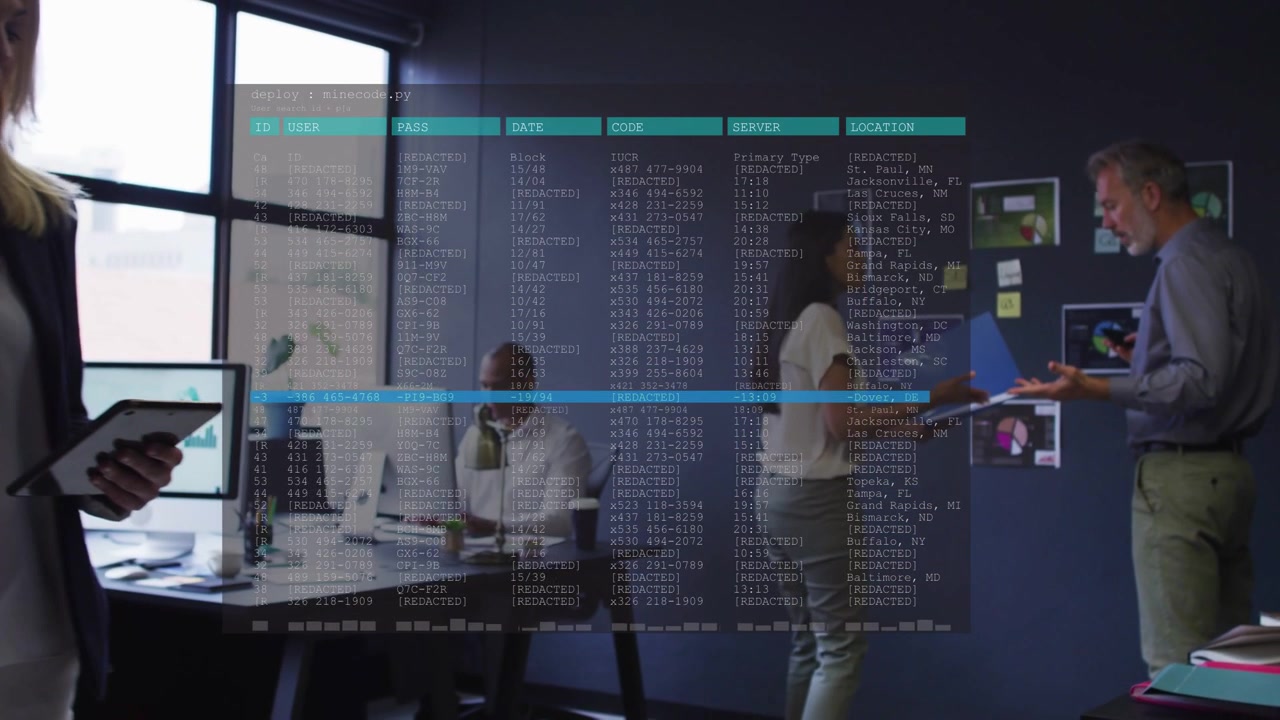 Woman handing folder sparking data overlay while team moving charts checking tablet for business