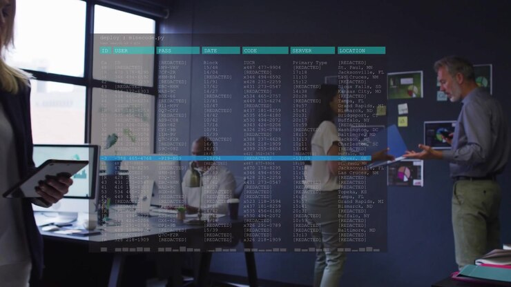 Woman handing folder sparking data overlay while team moving charts checking tablet for business
