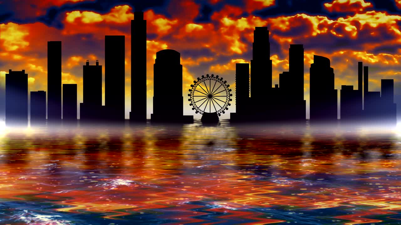 로스앤젤레스 랜드마크 파노라마: 건물의 윤이 물에 반사됩니다.