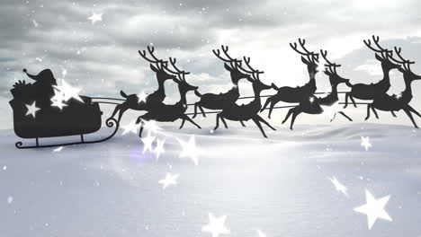animation of snow falling, stars, sledge and raindeer over winter landscape
