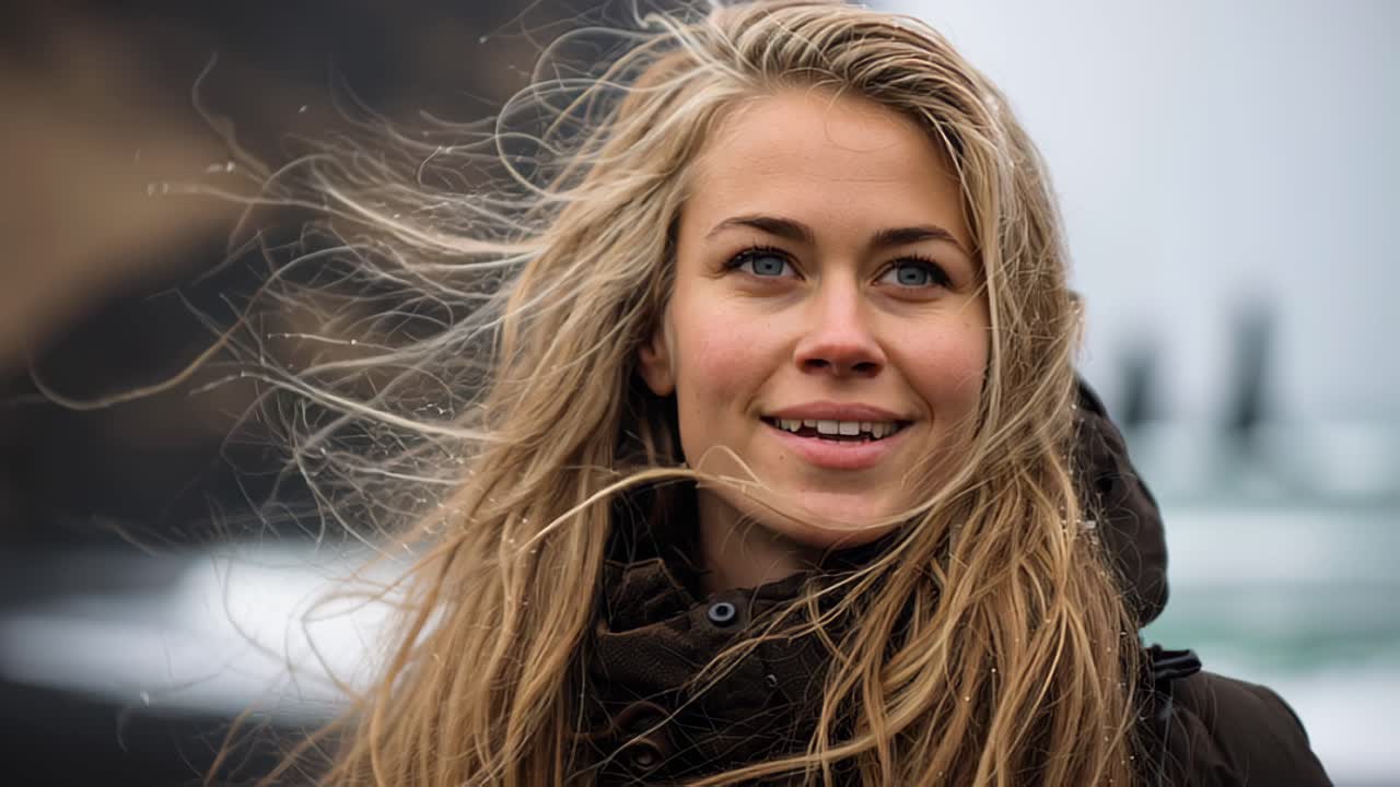 Gros plan d'une jeune femme en extérieur au bord de la mer, les cheveux soufflés par un vent fort par une journée nuageuse. Portrait de style de vie naturel avec une faible profondeur de champ.