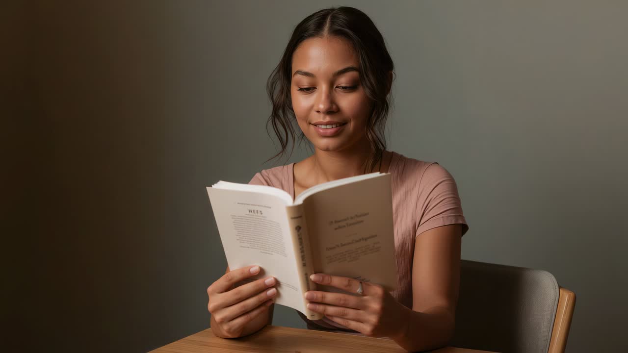 Femme feuilletant un livre et scannant le texte sur une table en bois, tenant un livre de poche et portant un haut rose
