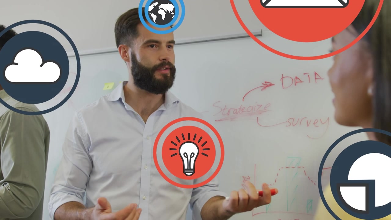 Animazione di icone tecnologiche su diversi colleghi e colleghe che lavorano in ufficio.