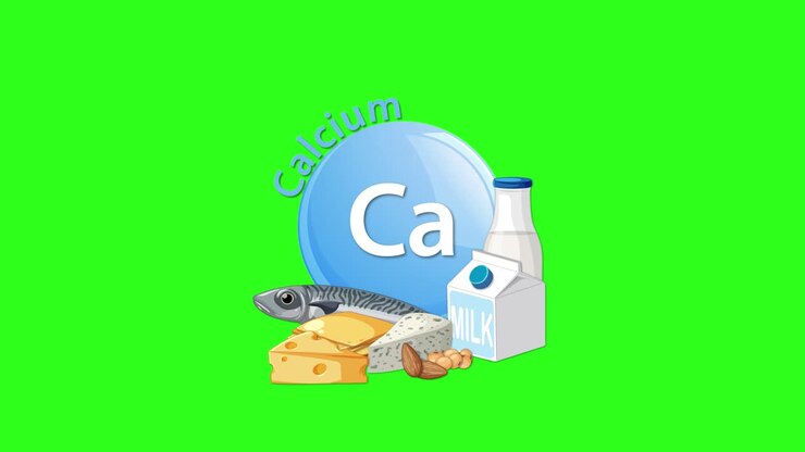 Un'icona blu del calcio transita su uno sfondo verde, affiancata da illustrazioni di latte, formaggio, pesce e noci, enfatizzando le fonti alimentari di calcio in uno stile pulito e piatto.