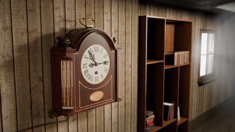 Animación-3D-De-Un-Antiguo-Reloj-Mecánico-En-Una-Pared-De-Madera.