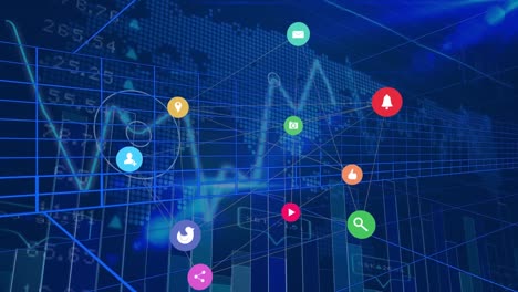 Animation-Der-Finanzdatenverarbeitung-Mit-Symbolen-Und-Weltkarte-Auf-Blauem-Hintergrund