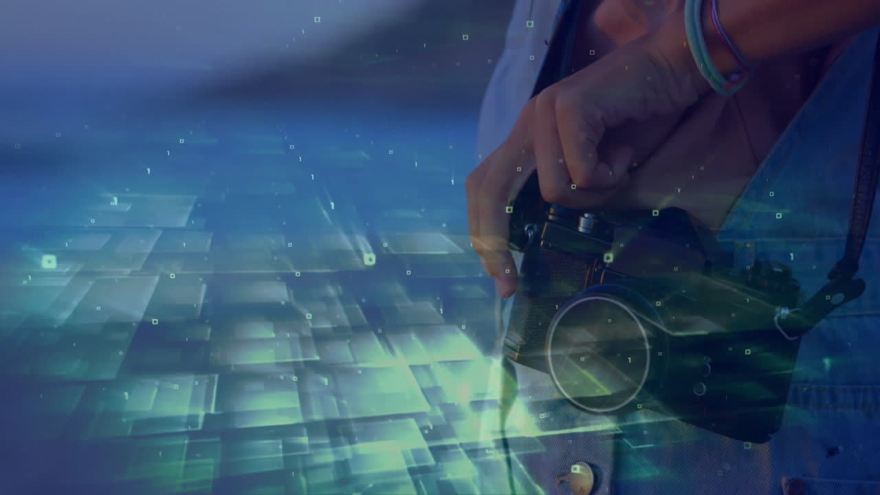 Woman's hand gripping DSLR camera in digital tech scene, with floating grid and binary overlay