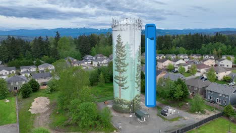 drone shot of a suburban water tower with an animated bar showing how the tank is currently full