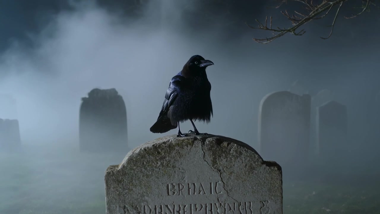 Corvo appollaiato che scruta l'area in un cimitero nebbioso di notte, reagendo alla nebbia che si muove sulla lapide