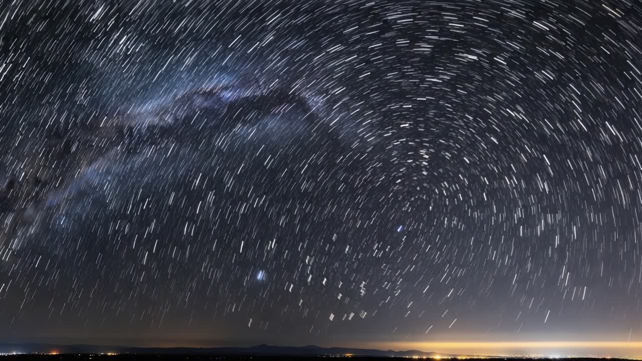 Captivating Night Sky Time-Lapse: A Stunning View of Star Trails and the Milky Way's Cosmic Dance Over a Serene Landscape