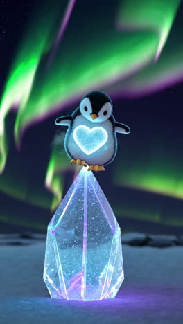 penguin on a crystal with northern lights