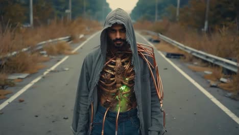 cyborg man with exposed ribs on a desolate road