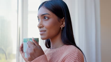 woman, window and coffee with smile