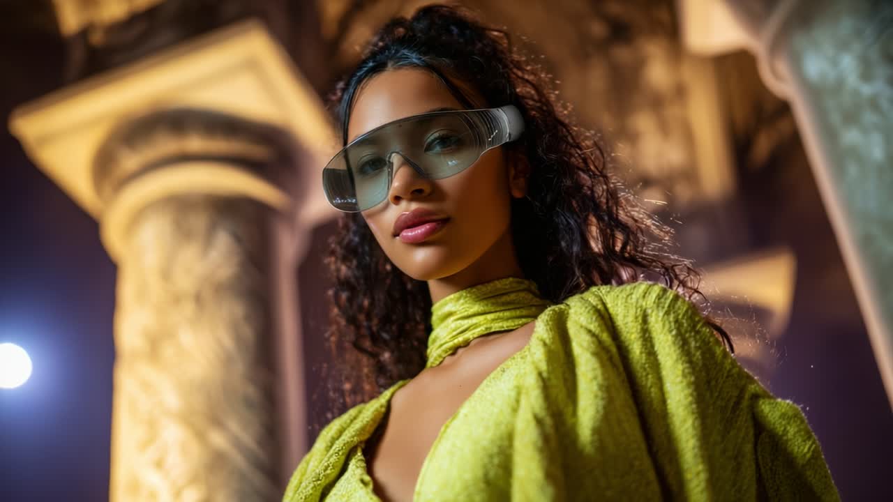 Stunning Fashion Portrait: A Model Exuding Confidence in a Vibrant Green Outfit Against Architectural Background with Dramatic Lighting Effects