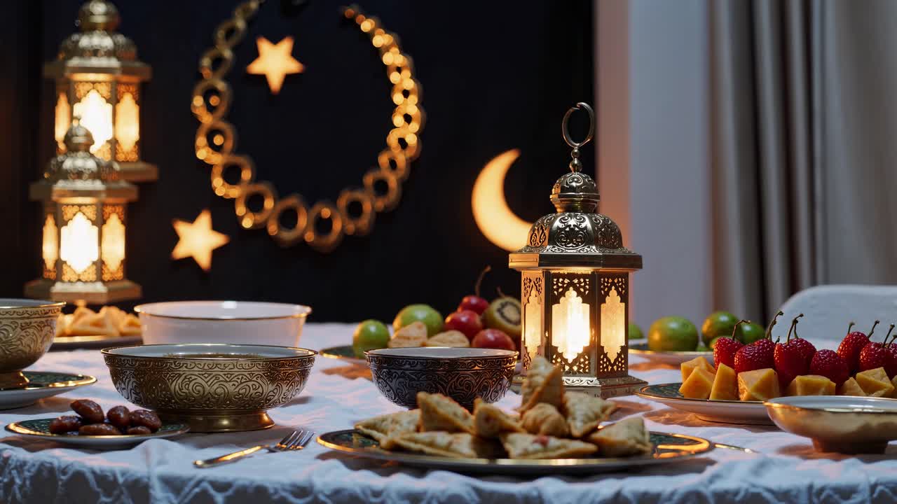 A warm, inviting video scene of a festive table setting with lanterns, fruits, and pastries