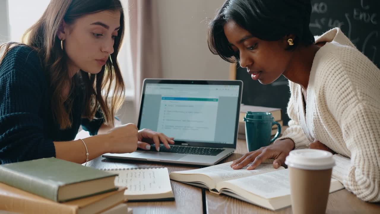 Vertical video: Collaborating two women leaning over laptop at study table, aligning textbook notes