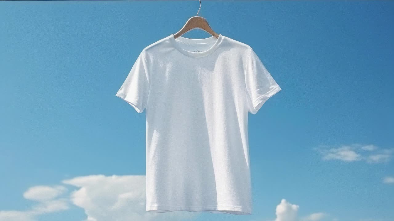 A minimalist video concept showing a white T-shirt on a hanger against a blue sky