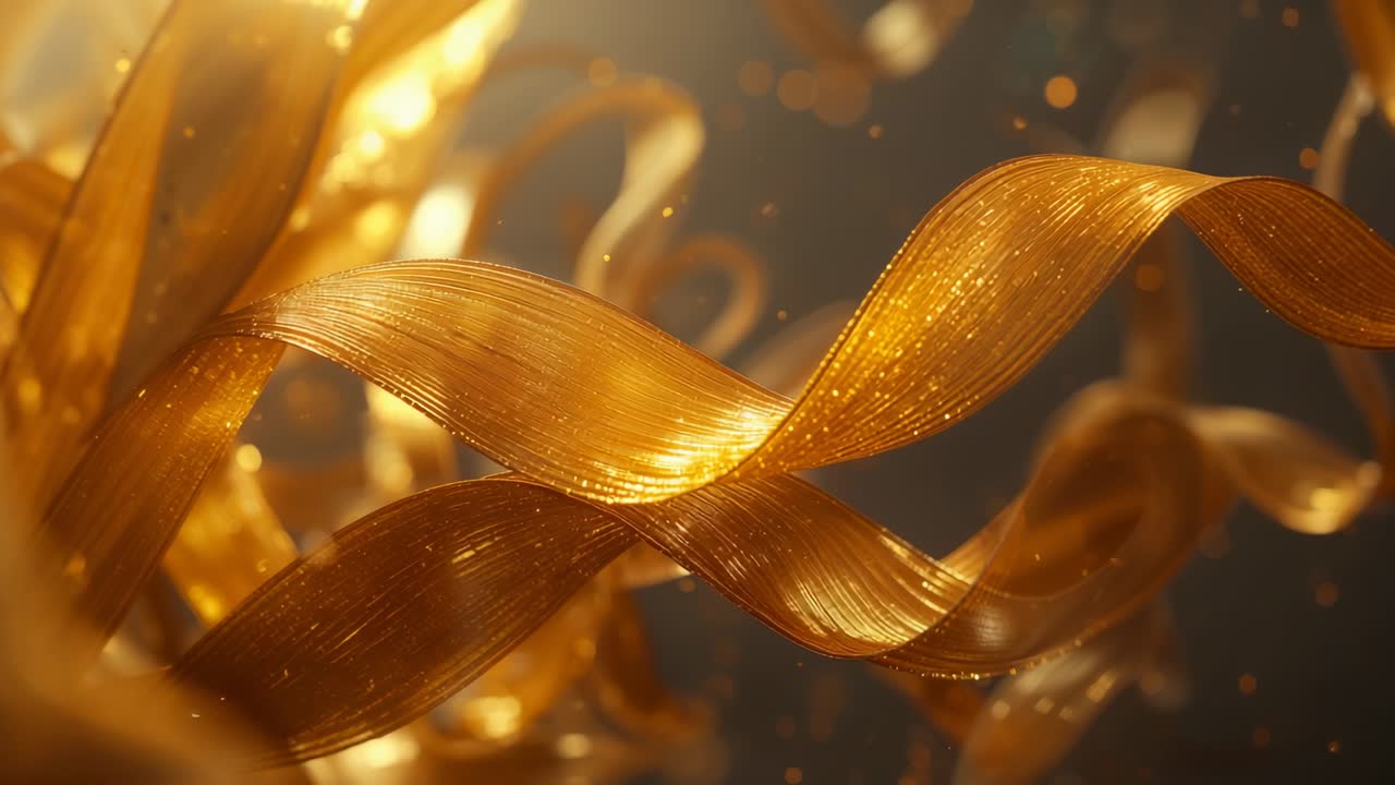 Opening close-up revealing metallic golden ribbons twisting in dark space with glowing particles