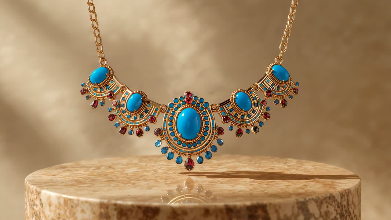 Collana dorata ondeggiante che si muove sopra un supporto di marmo, che mostra cabochon turchesi e gemme decorative