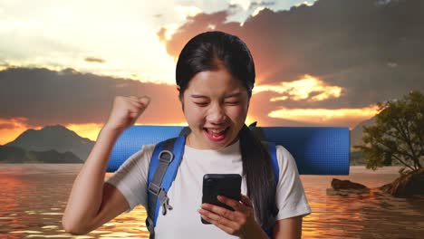excited traveler at sunset