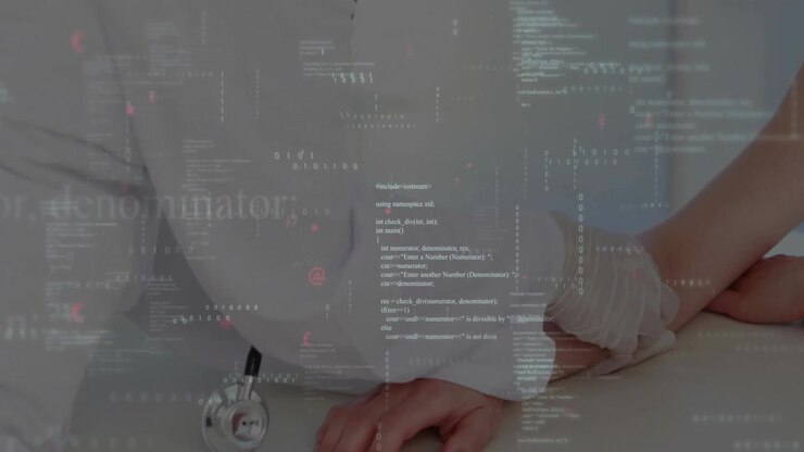 Læge lægger hånd på patients håndled og overvåger puls med dataoverlejring, mens patienten taler