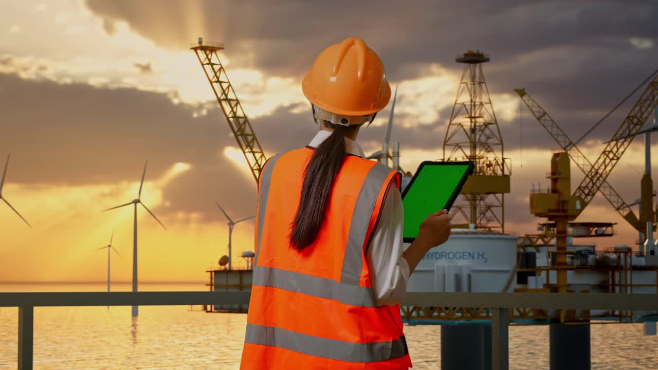 Back View Of Asian Female Engineer With Safety Helmet Working On A Green Screen Tablet And Looking Around With Hydrogen Production