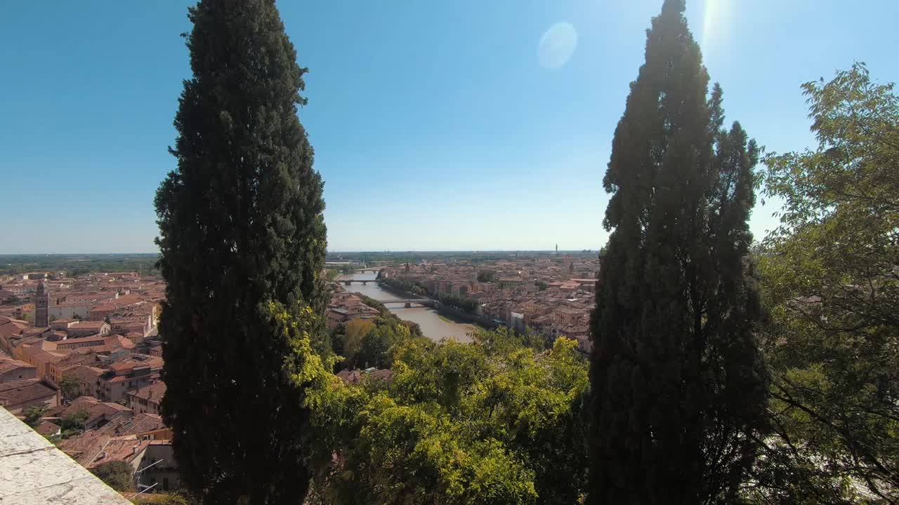 View of Verona, Italy from the hill. Overlooking the city, churches, rooftops and Aldige river.