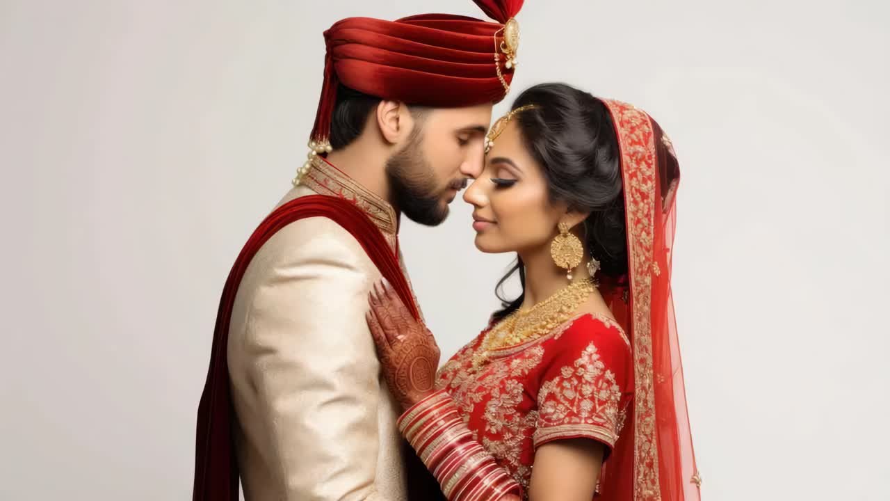 A romantic, close-up video still of a couple in traditional attire, captured from a side angle