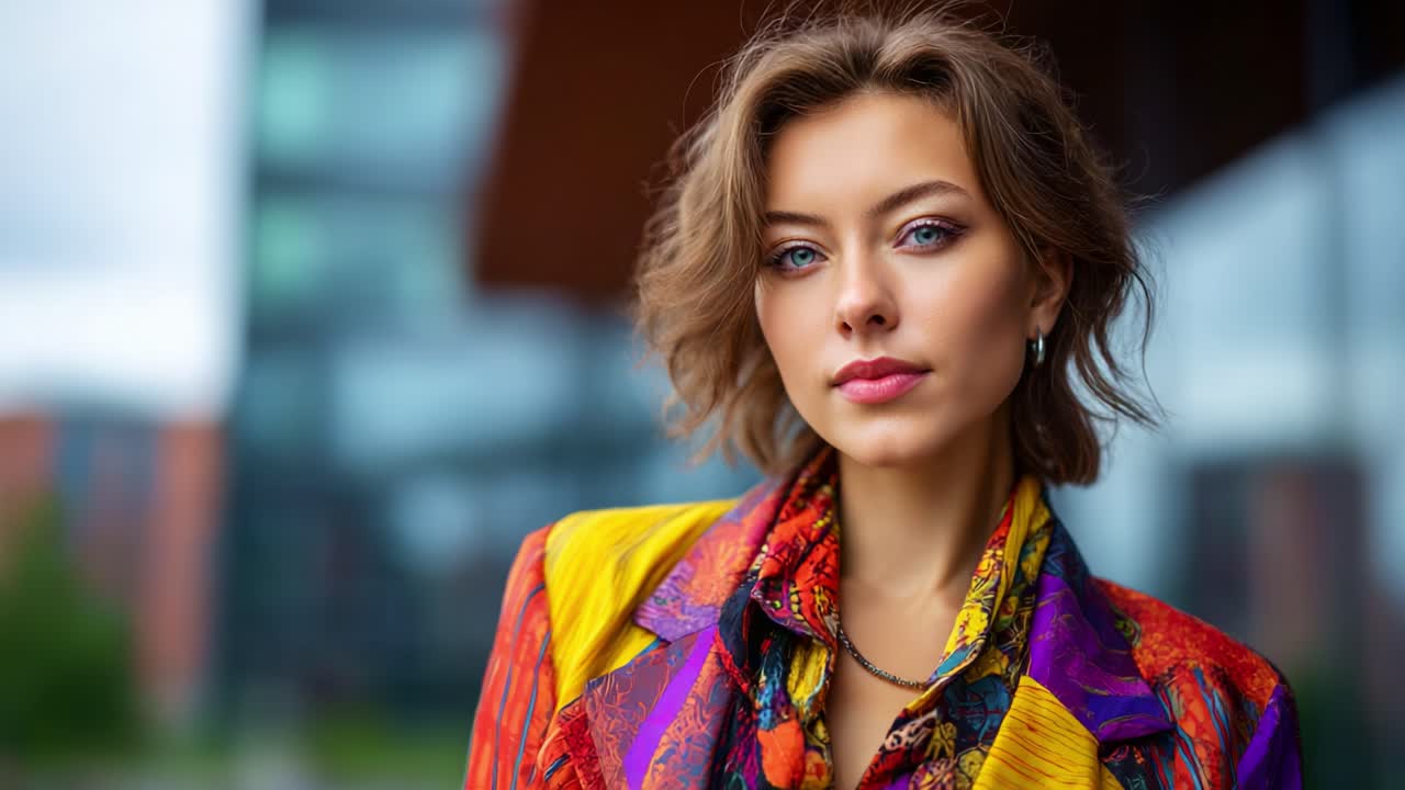 A Young Woman with Beautiful Features and Stylish Colorful Outfit Captured in Front of a Modern Architectural Background with a Soft Focus on the Portrait