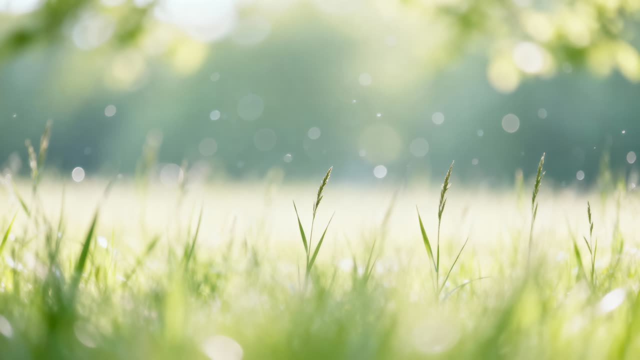 微風に揺れる草地の牧草地で、背の高い草と種子の穂がしなり、粒子が漂う。